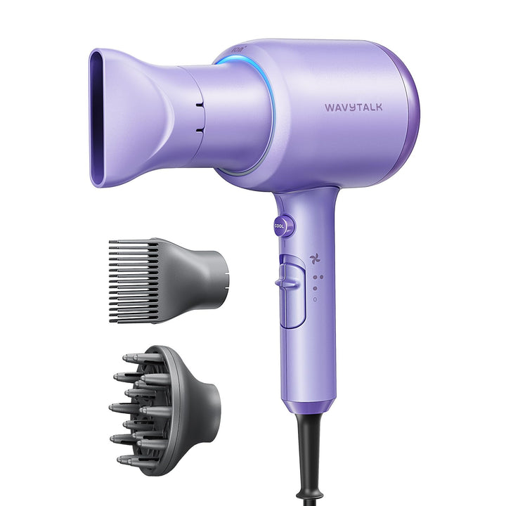 wavytalk front view purple dryer showing sleek body and attachments for fast drying