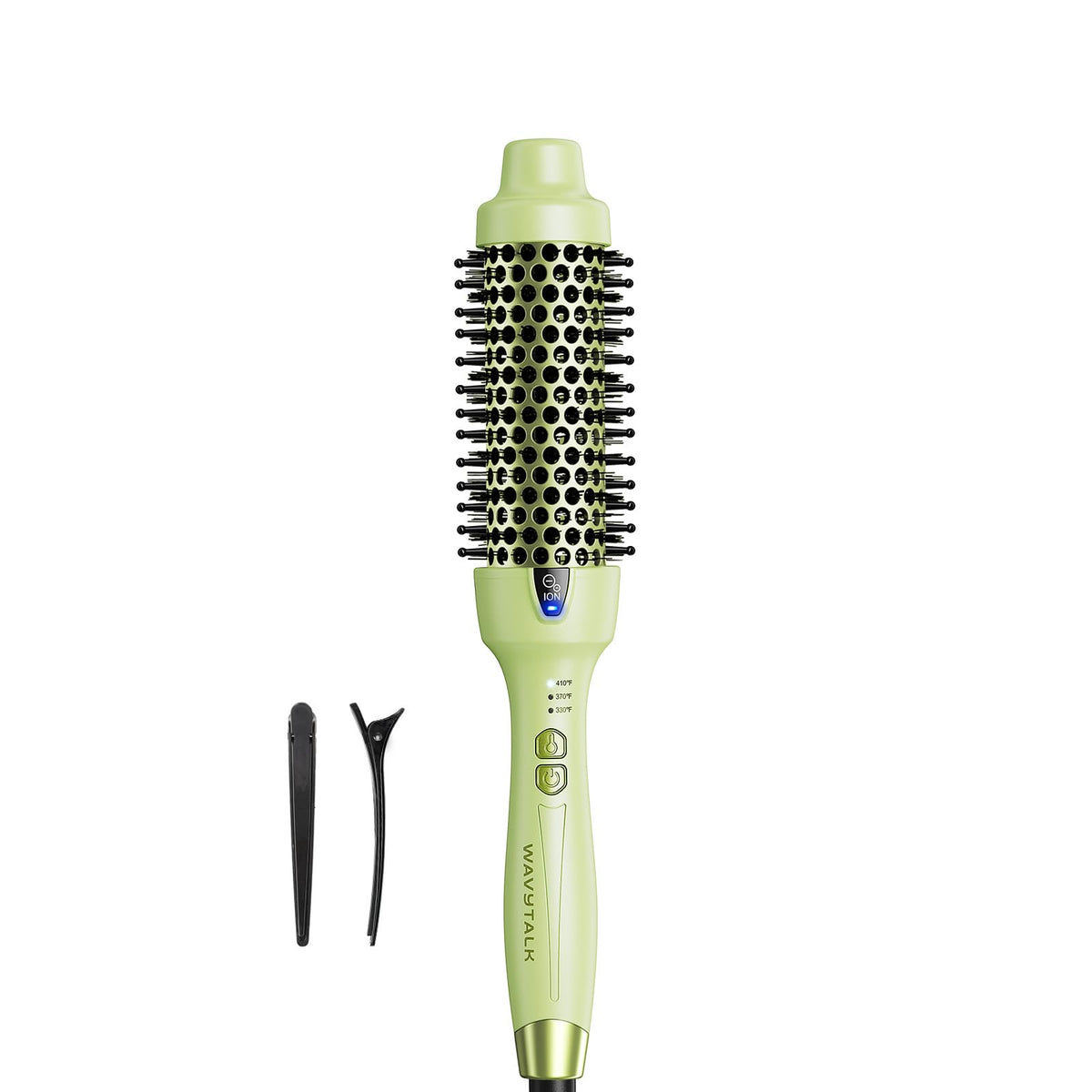 wavytalk front view of green thermal brush showing barrel and handle benefits smooth styling