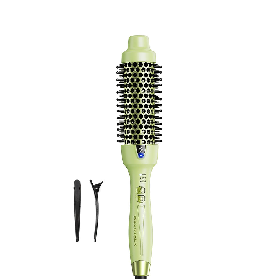 wavytalk front view of green thermal brush showing barrel and handle benefits smooth styling