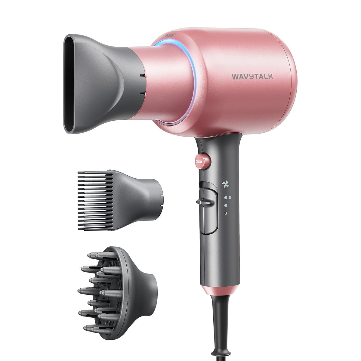 Wavytalk hair dryer front view showing controls and sleek rose-gold finish for easy handling