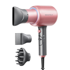 Wavytalk hair dryer front view showing controls and sleek rose-gold finish for easy handling
