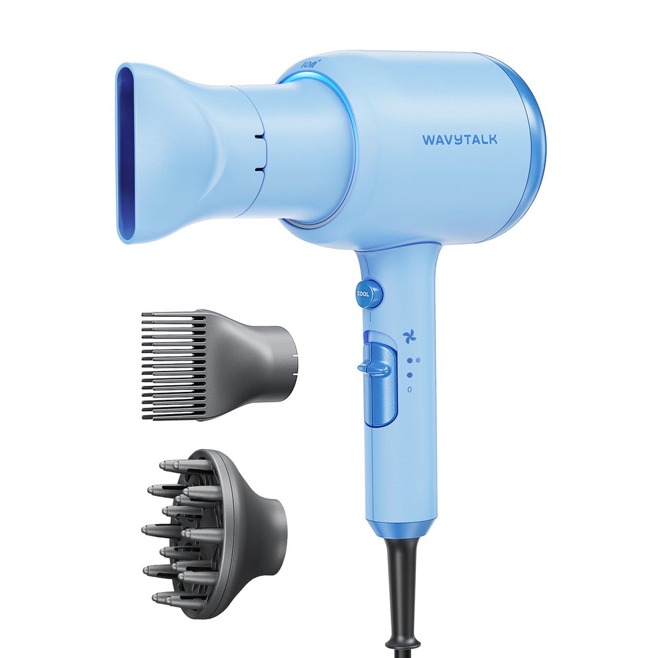 Wavytalk hair dryer front view showing sleek design and fast drying benefit