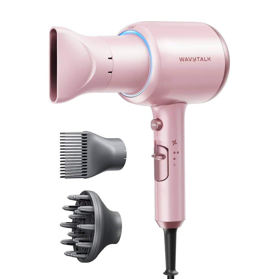wavytalk hair dryer front view showing sleek pink body and nozzle, stylish design benefit