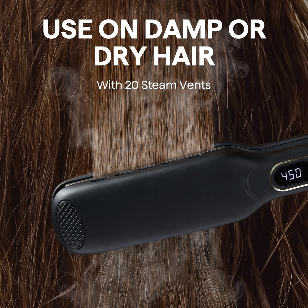 wavytalk in use on damp hair demonstrating wet-to-straight capability and reduced styling time