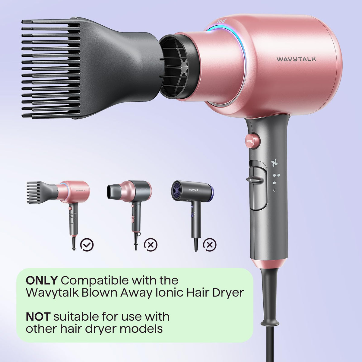 wavytalk nozzle attached to dryer styling hair showing smoother, frizz-reduced finish
