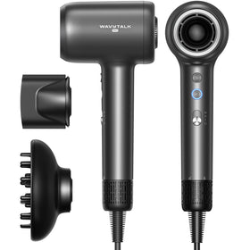 wavytalk front view of Turblow Pro hair dryer showing sleek matte grey finish and controls for quick styling