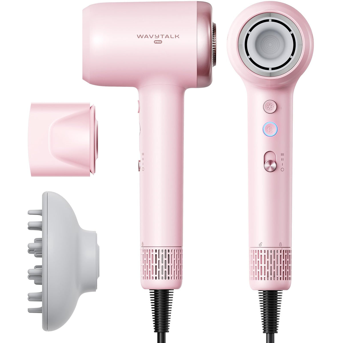 wavytalk hair dryer front view showing sleek pink body and ergonomic handle for comfortable styling