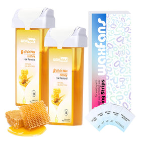 waxfans front packaging showing two honey roll-on cartridges and strips for easy refills