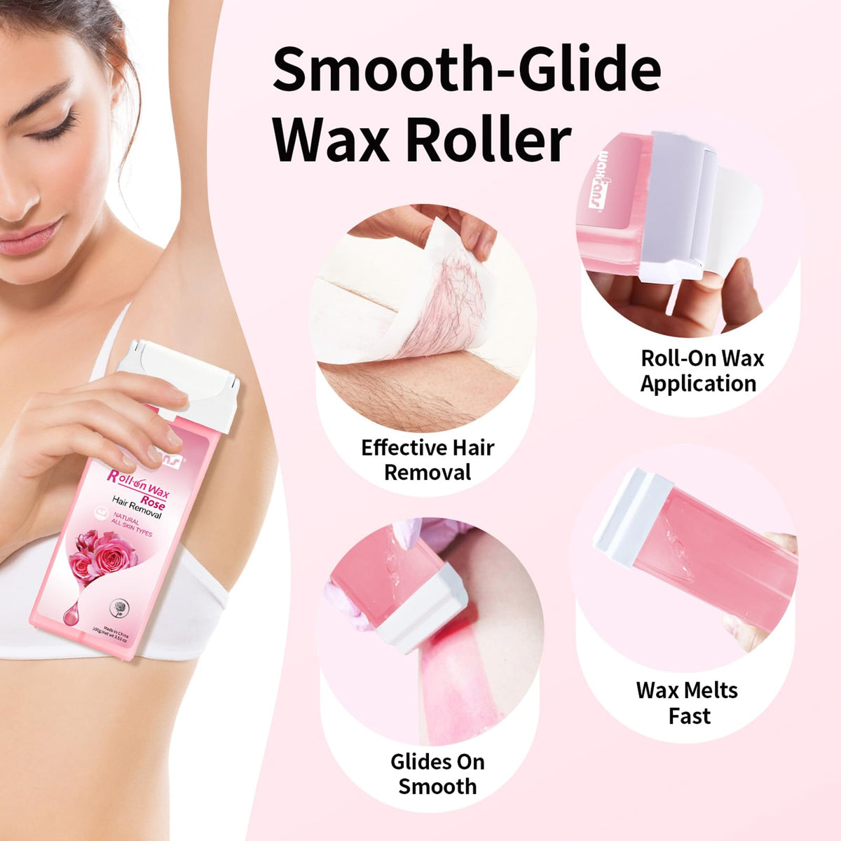 waxfans roll-on application on leg demonstrating smooth, root-targeted hair removal