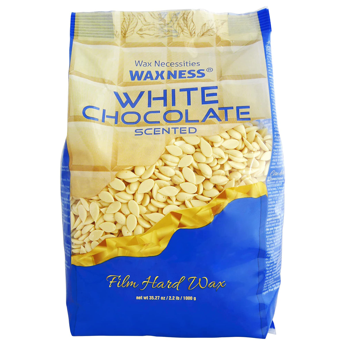 Waxness front packaging showing white chocolate beads and weight for easy identification