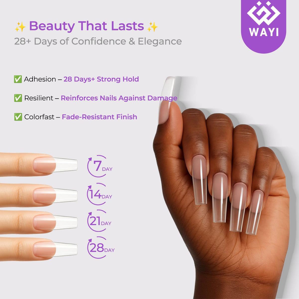WAYI finished acrylic nails in a casual lifestyle scene for salon results