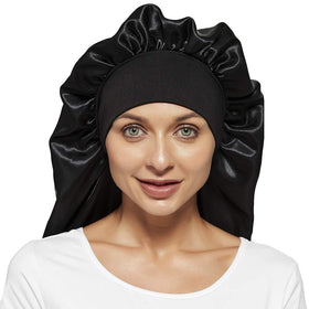 Wbfwbb black satin bonnet full length demonstrating roomy fit for long hair