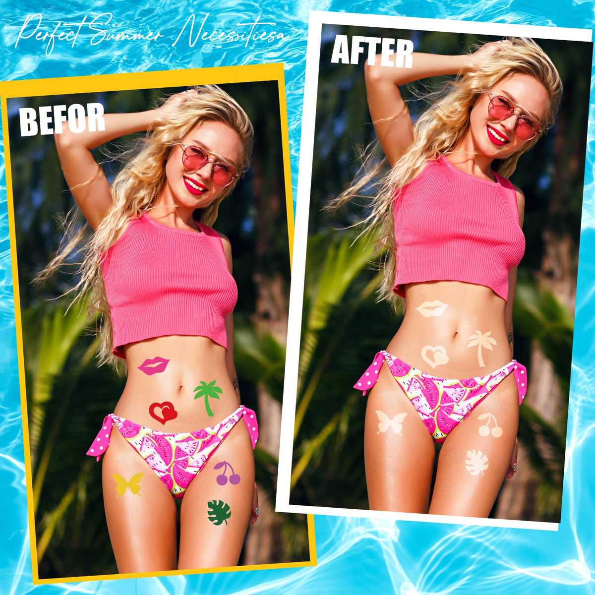 WDAHDHP face stickers in beach scene highlighting playful summer look