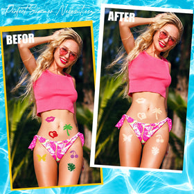 WDAHDHP face stickers in beach scene highlighting playful summer look