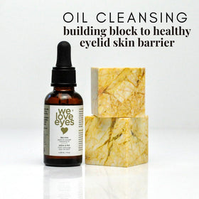 We Love Eyes product being applied to closed eyelid for cleansing benefit