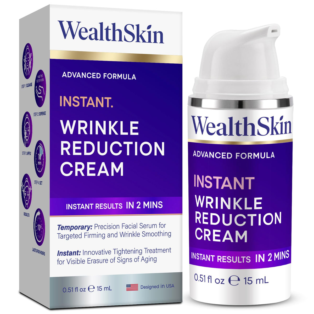 Wealthskin front packaging showing product and clean design with instant benefit