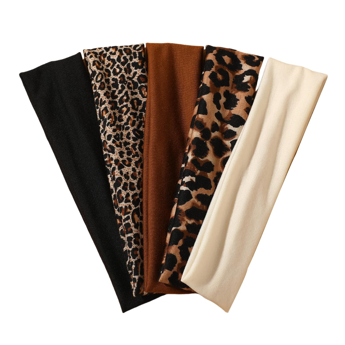 Weazppre front view of five animal print headbands shows variety and stylish benefit