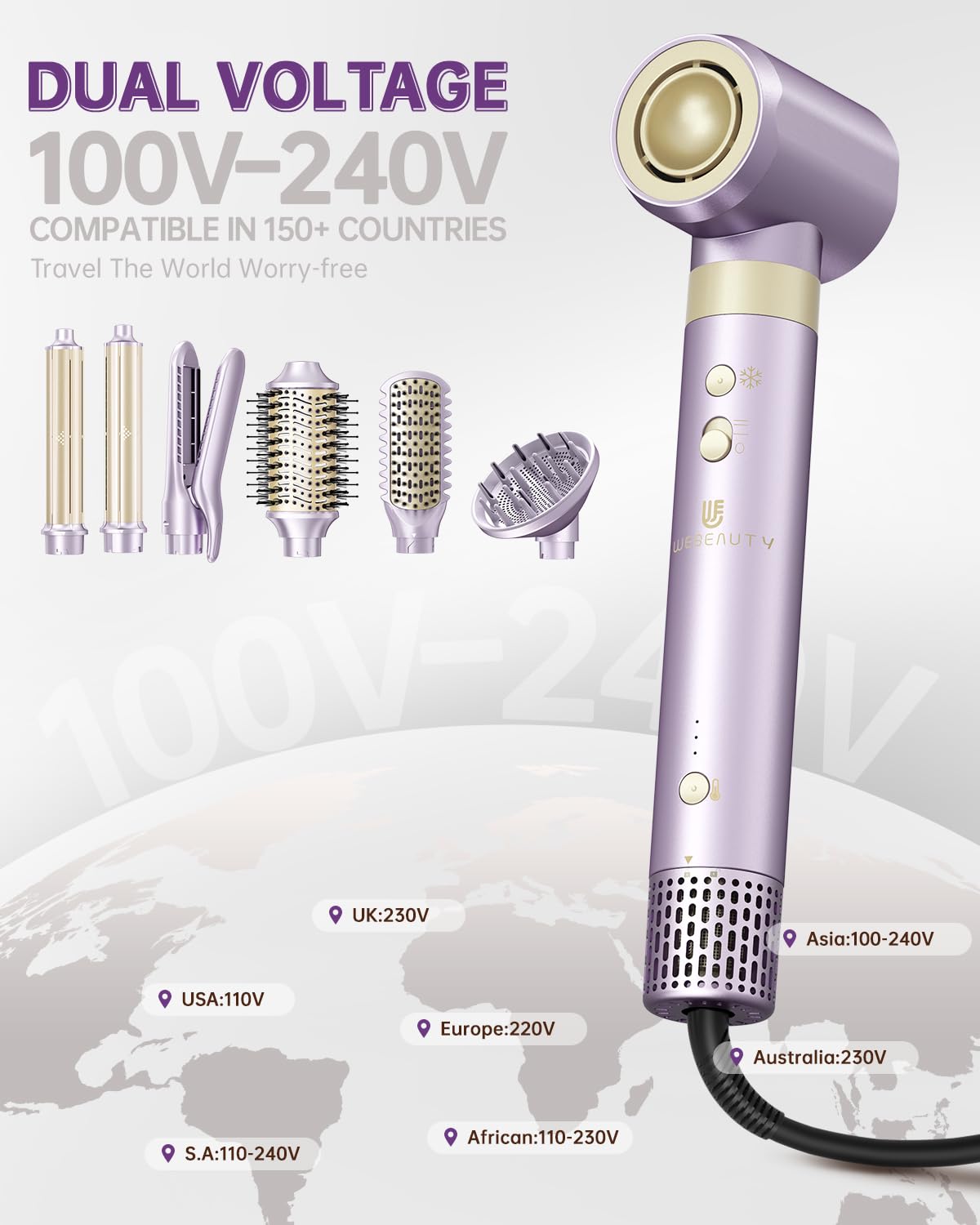 webeauty attachment set laid out neatly, versatile styling options for travel