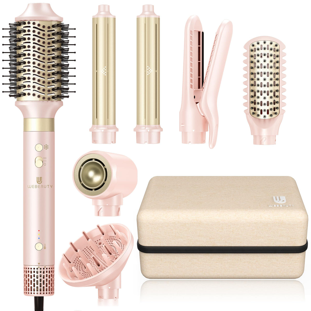 webeauty front view pink styler showing sleek design and fast drying benefit