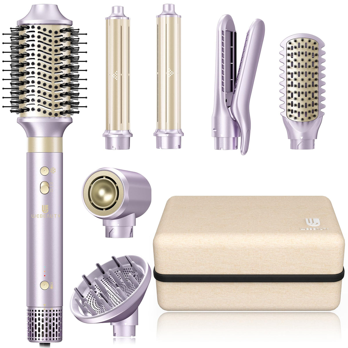 webeauty front view of purple styler showing controls and design, convenient all-in-one