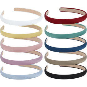 Wecoe front view of 10-piece satin headband set showing color variety and neat packaging