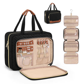 Wedama front view of black toiletry bag showing compact design and stylish PU finish
