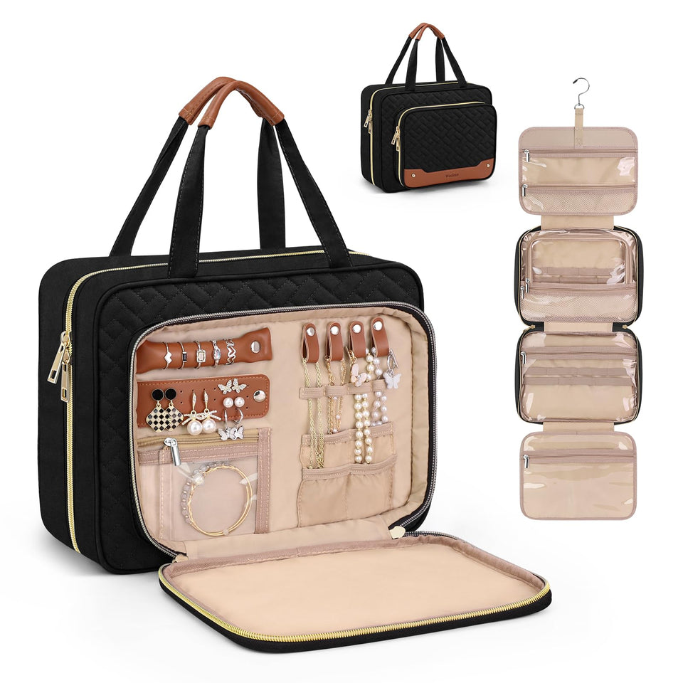 Wedama front view of black toiletry bag showing compact design and stylish PU finish