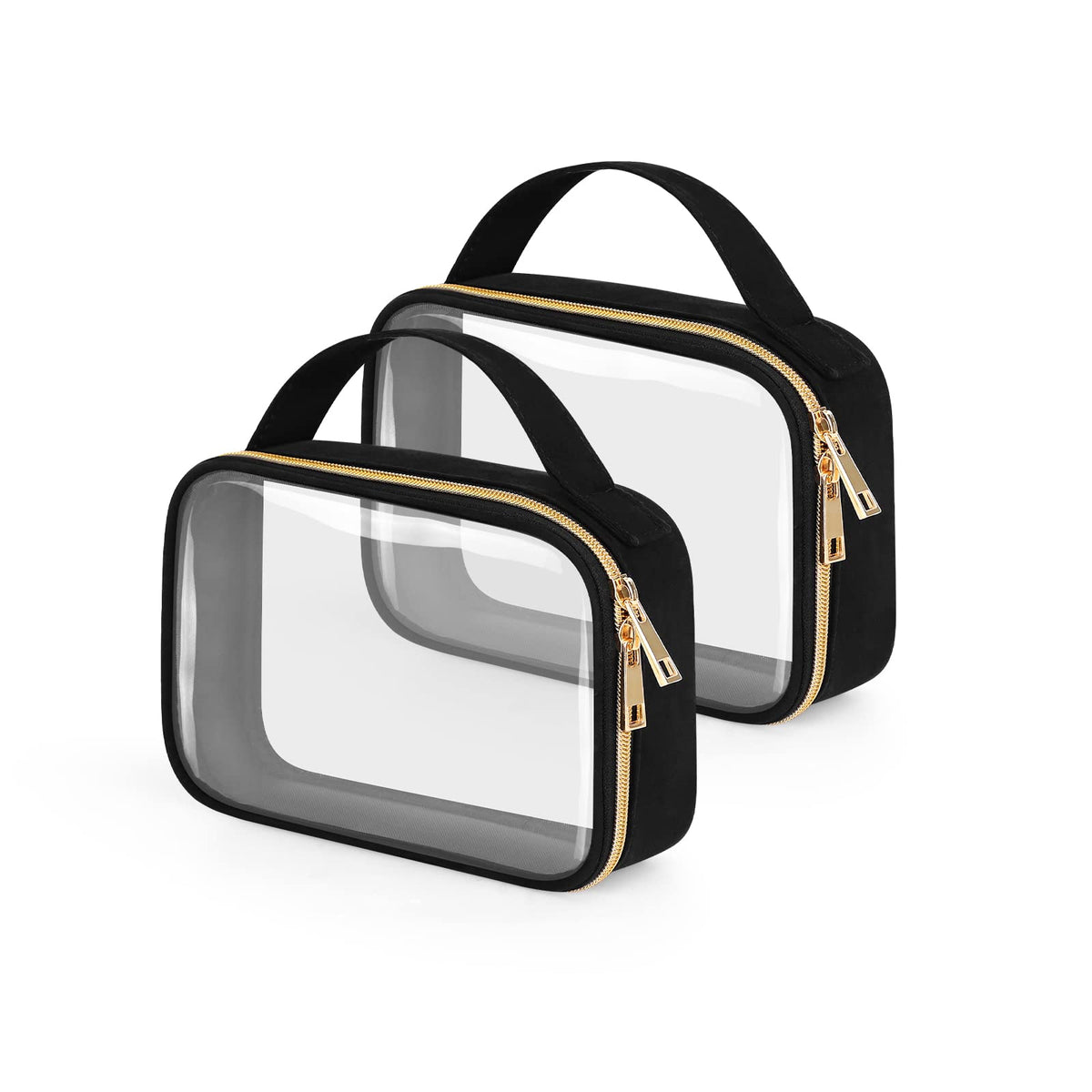 Wedama clear toiletry bag front view showing transparent storage and handle benefit