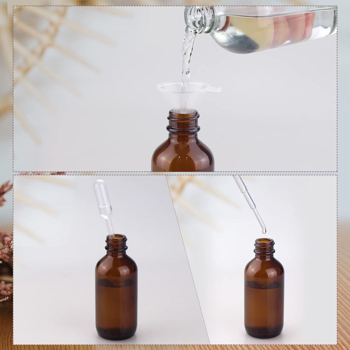 Wedama small funnel and dropper set next to bottles for easy, precise refilling