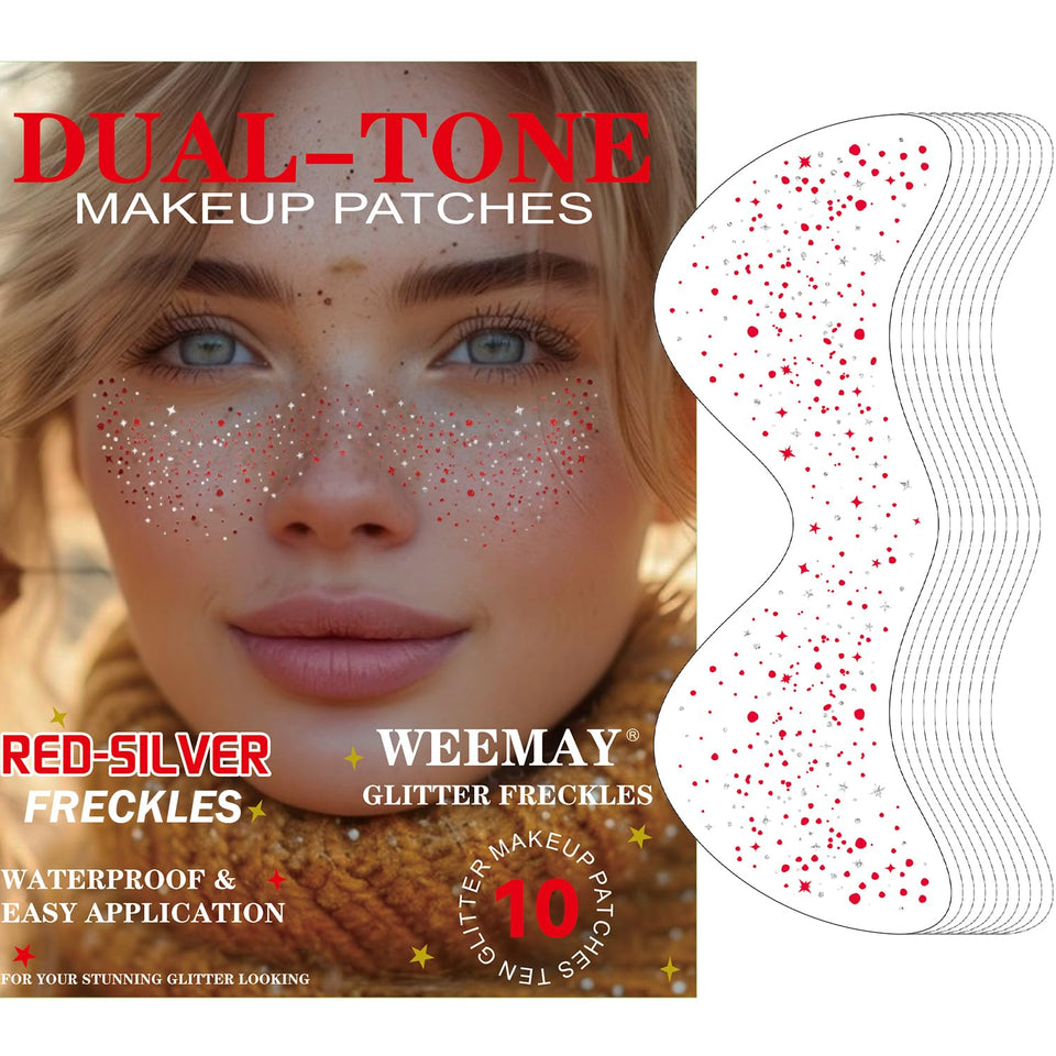 WEEMAY front packaging showing ten red-silver glitter freckle stickers and convenience