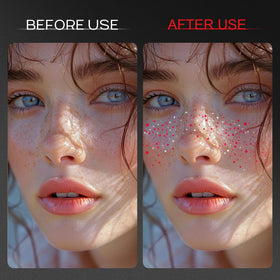WEEMAY model wearing glitter freckles at a party showcasing long-lasting sparkle