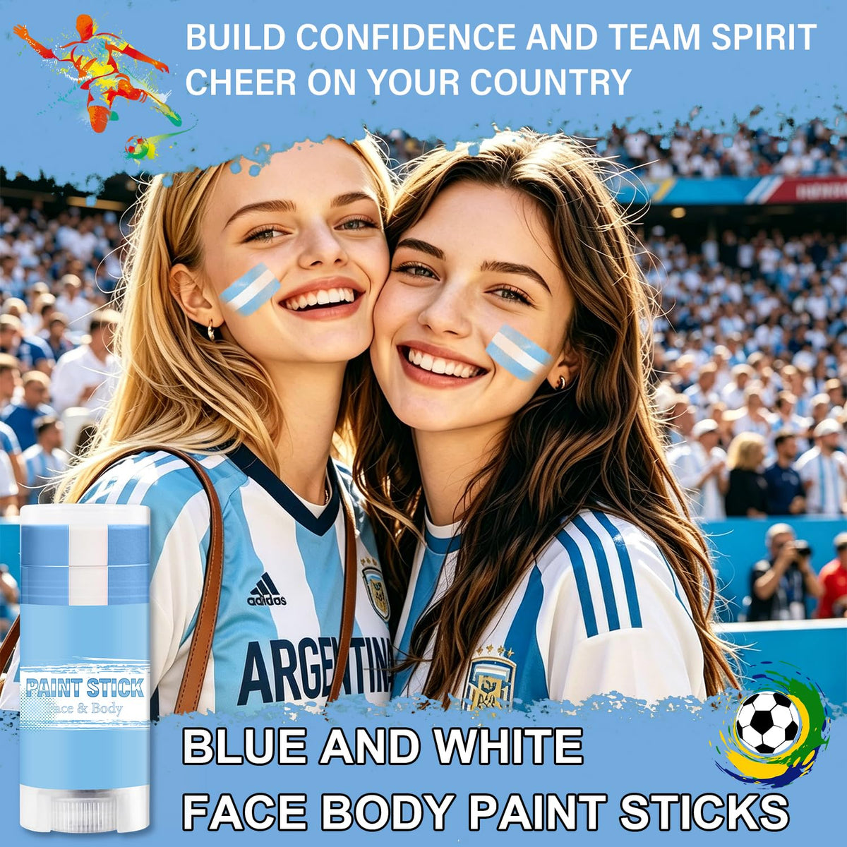 WEEMAY three-color stripe on cheek highlighting bold, flag-accurate pigment