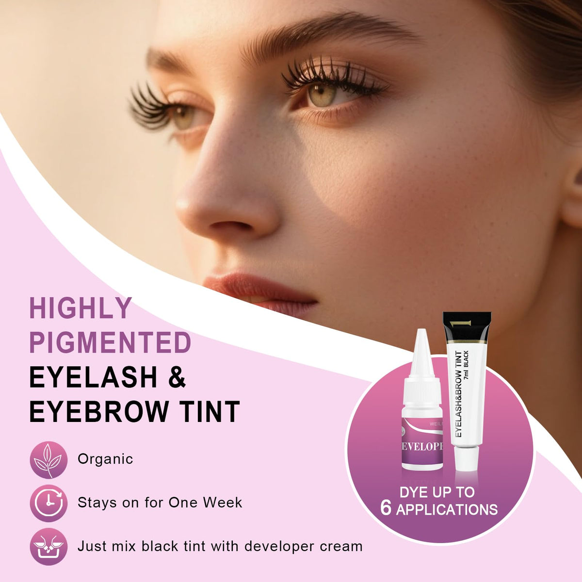 WEILNELL before and after eyelash result, emphasizing darker glossy lashes