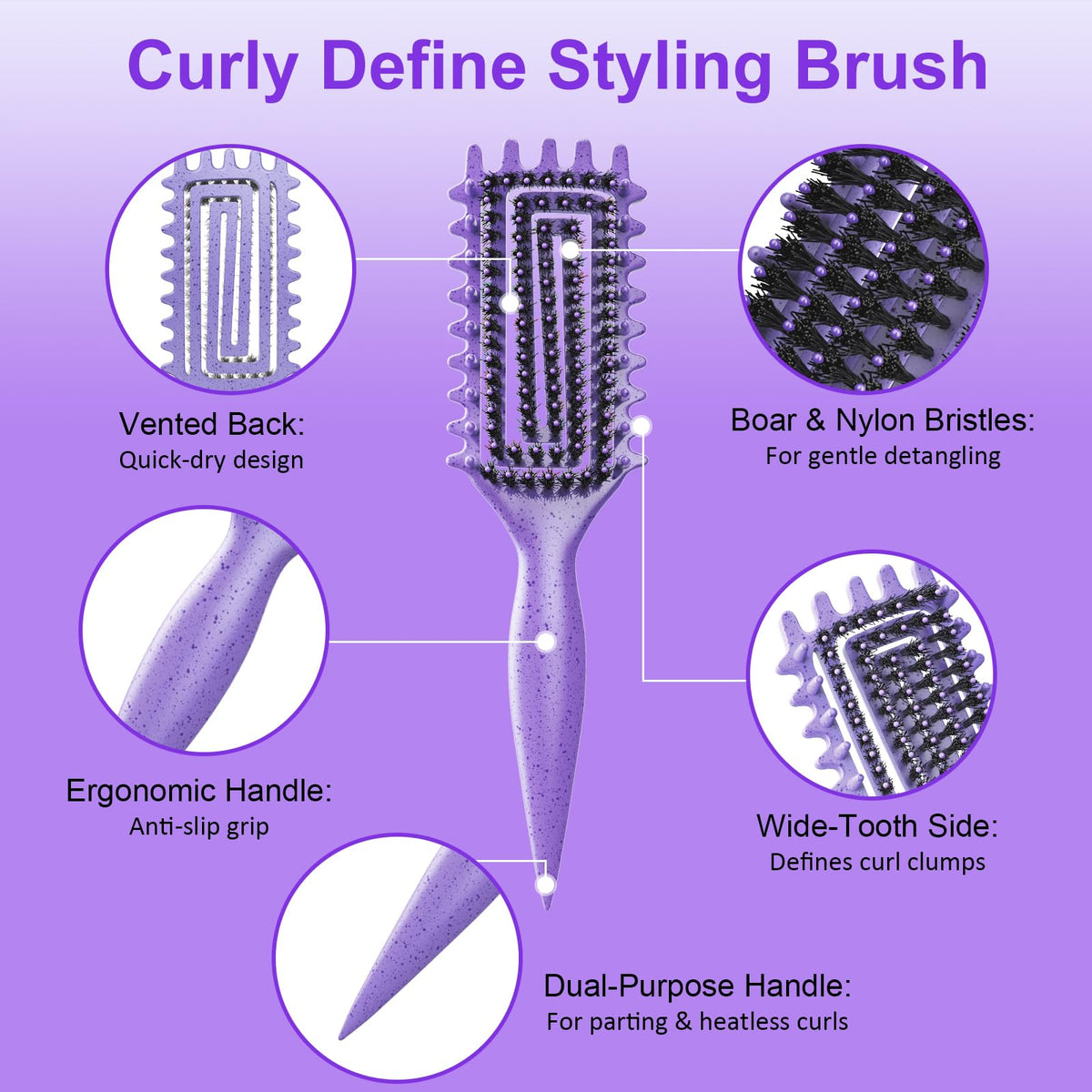Weldilgit close-up of soft boar bristles and nylon pins reducing frizz
