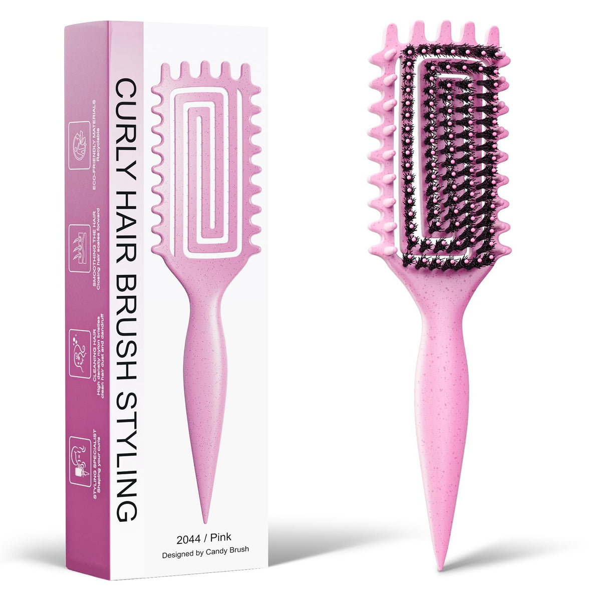 Weldilgit pink brush front view showing compact curl-defining shape and portability