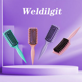 Weldilgit brush next to travel bag, ideal for on-the-go curl touch-ups