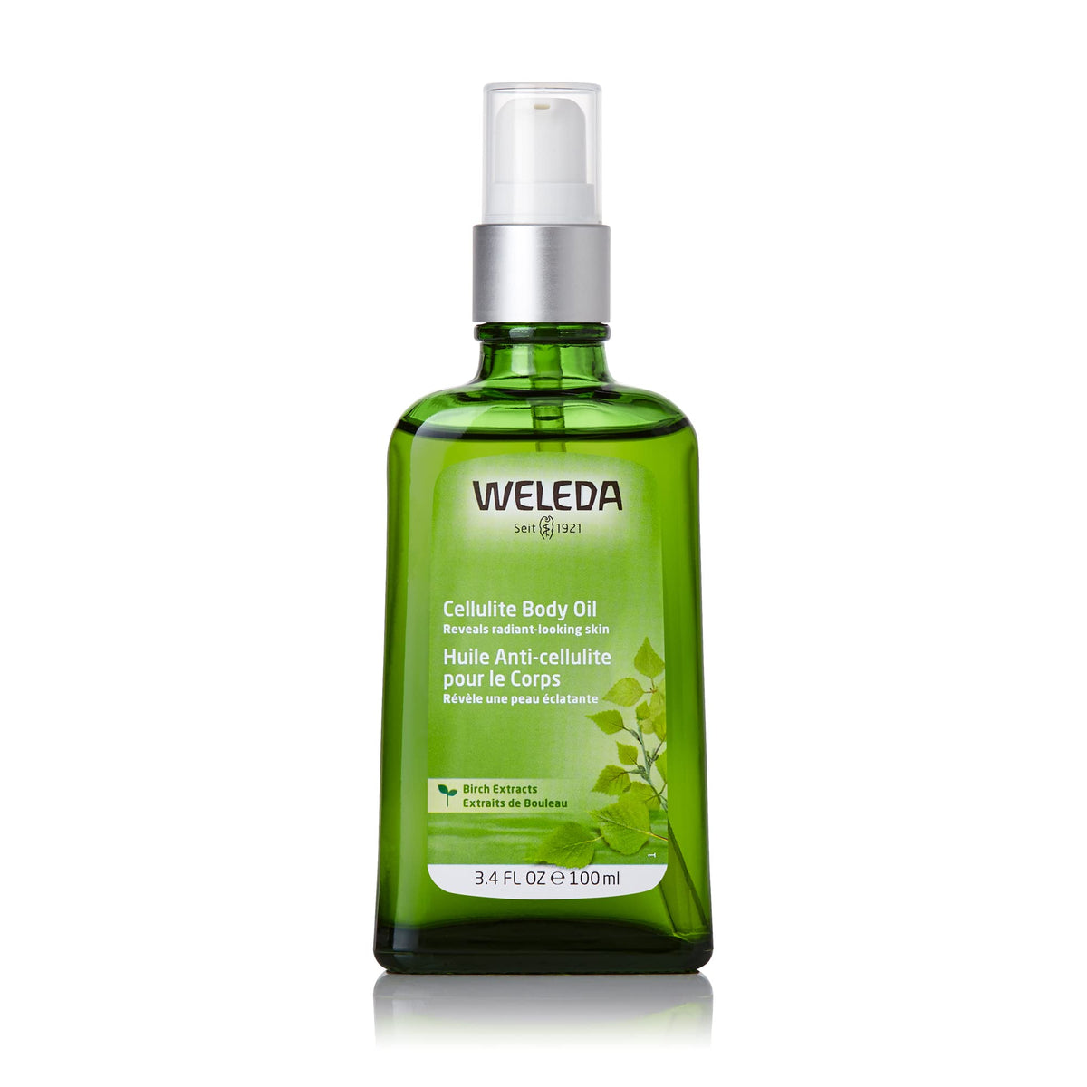 Weleda Birch Body Oil front bottle showing label and size, highlights natural ingredients and clarity