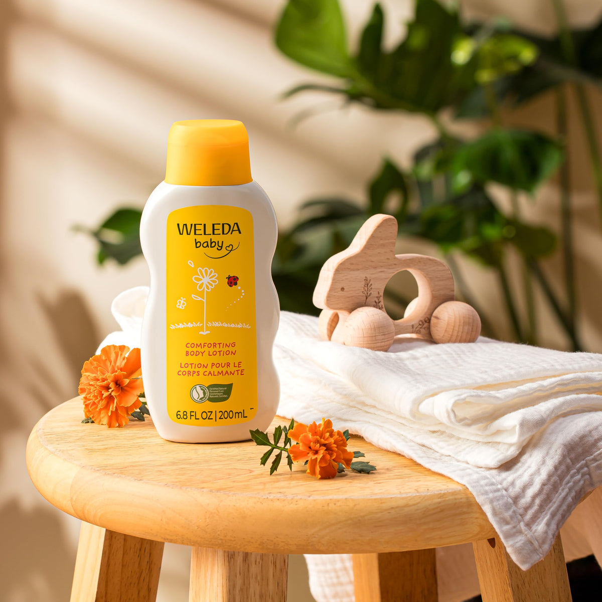 Close-up of lotion texture from Weleda, smooth non-greasy moisture