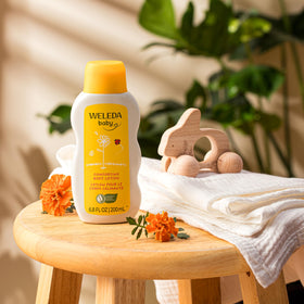 Close-up of lotion texture from Weleda, smooth non-greasy moisture