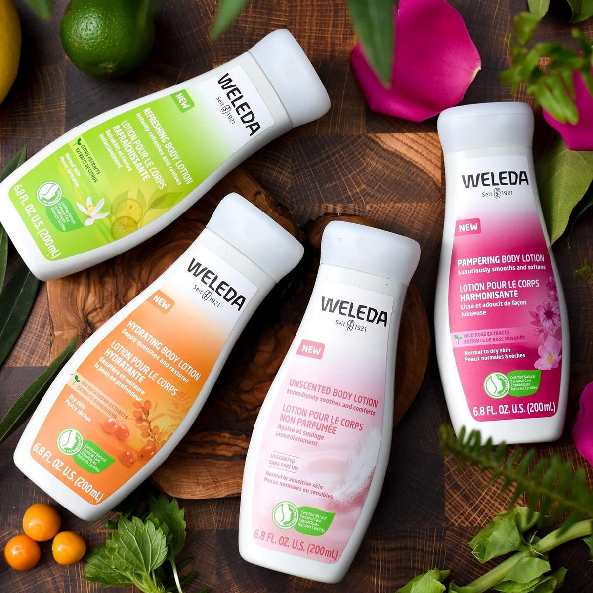 Weleda citrus lotion next to everyday objects showing 6.8 oz size for travel convenience