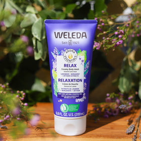 Weleda Relax bottle staged in bathroom for a soothing shower scene