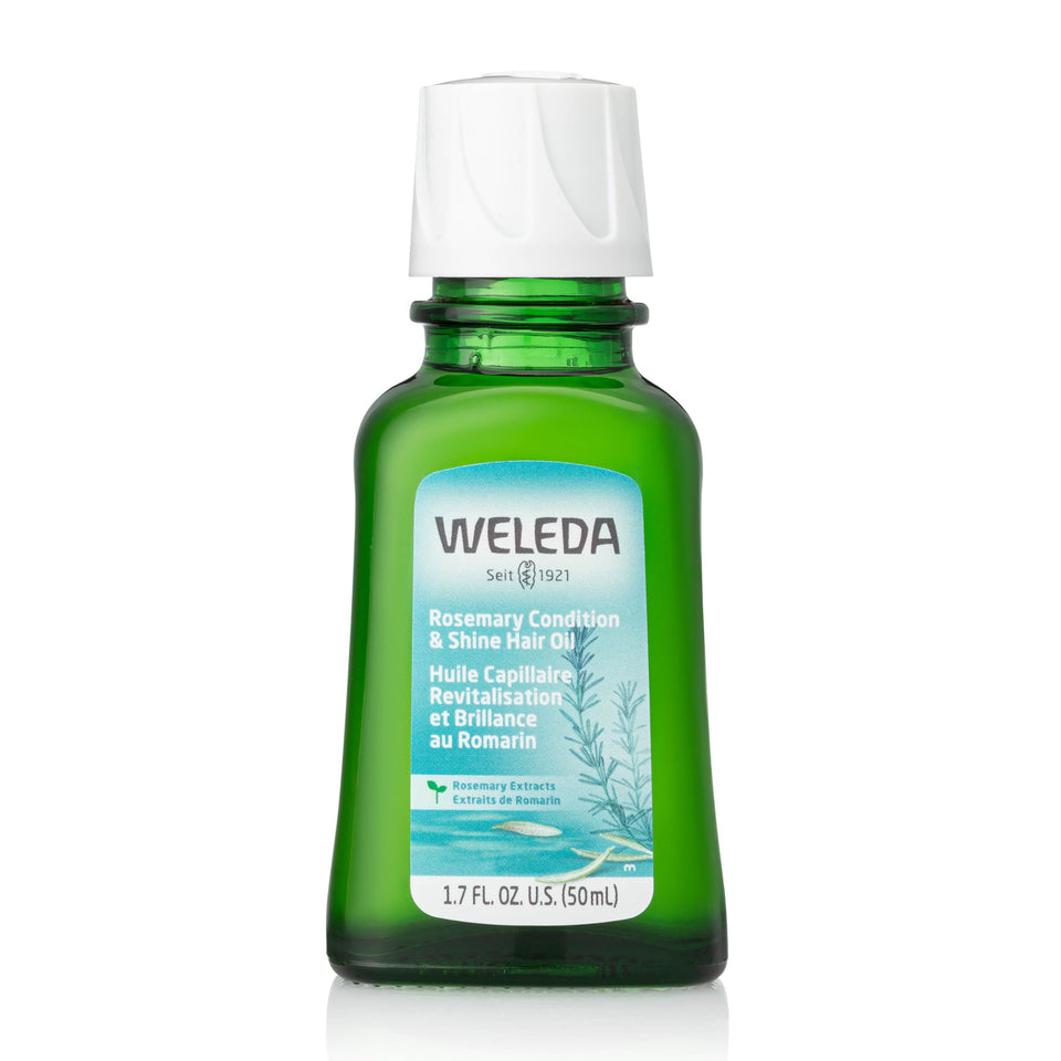 Weleda rosemary conditioning hair oil front bottle showing label and size for easy identification