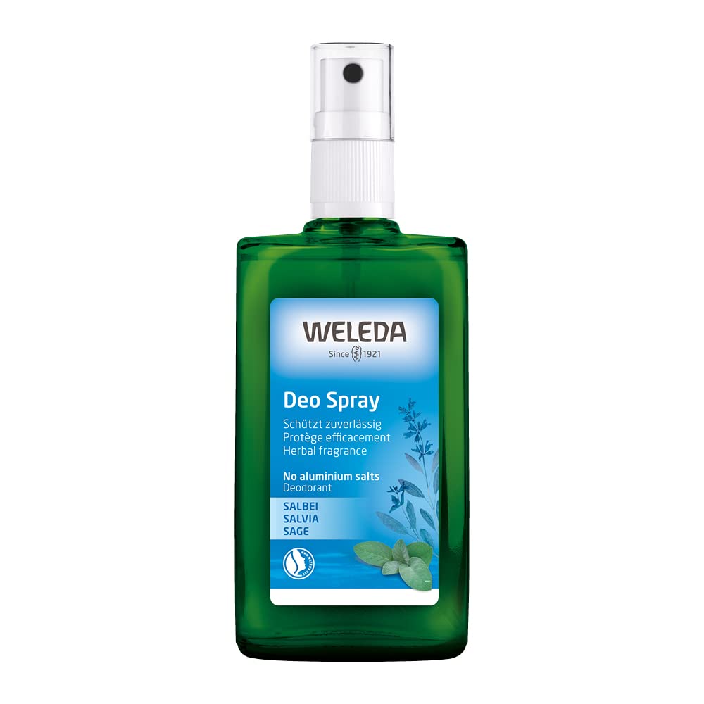 Weleda sage deodorant front packaging showing recyclable glass bottle and label benefit