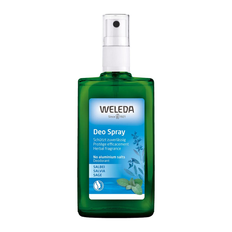 Weleda sage deodorant front packaging showing recyclable glass bottle and label benefit