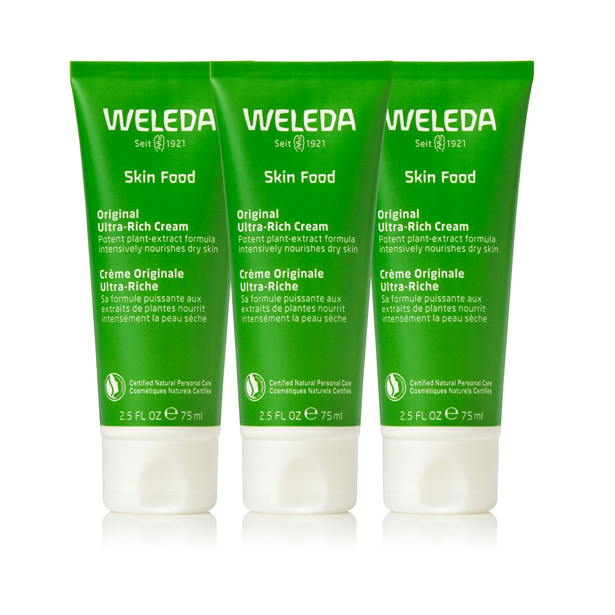 Weleda Skin Food three-pack front view showing packaging and jars for easy access