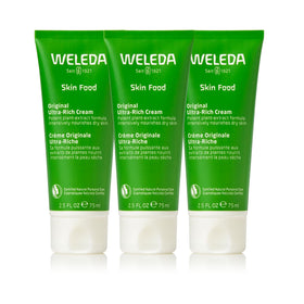 Weleda Skin Food three-pack front view showing packaging and jars for easy access