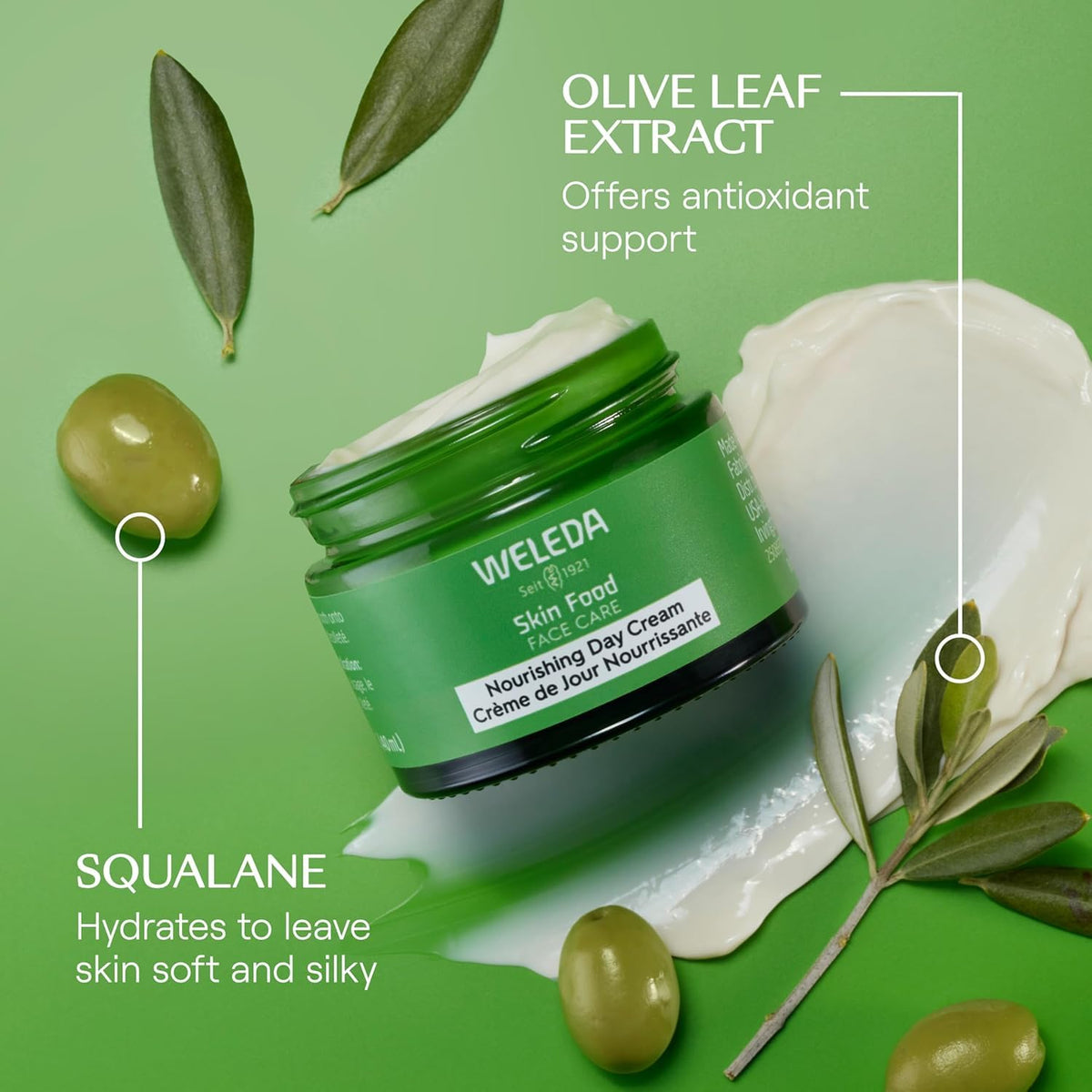Weleda Skin Food with olive leaf highlighting botanical ingredient benefits