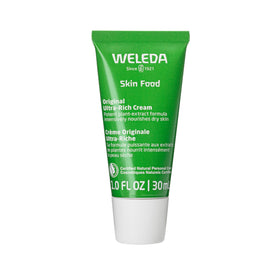 Weleda Skin Food front packaging showing compact 1 fl oz tube and branding for portability