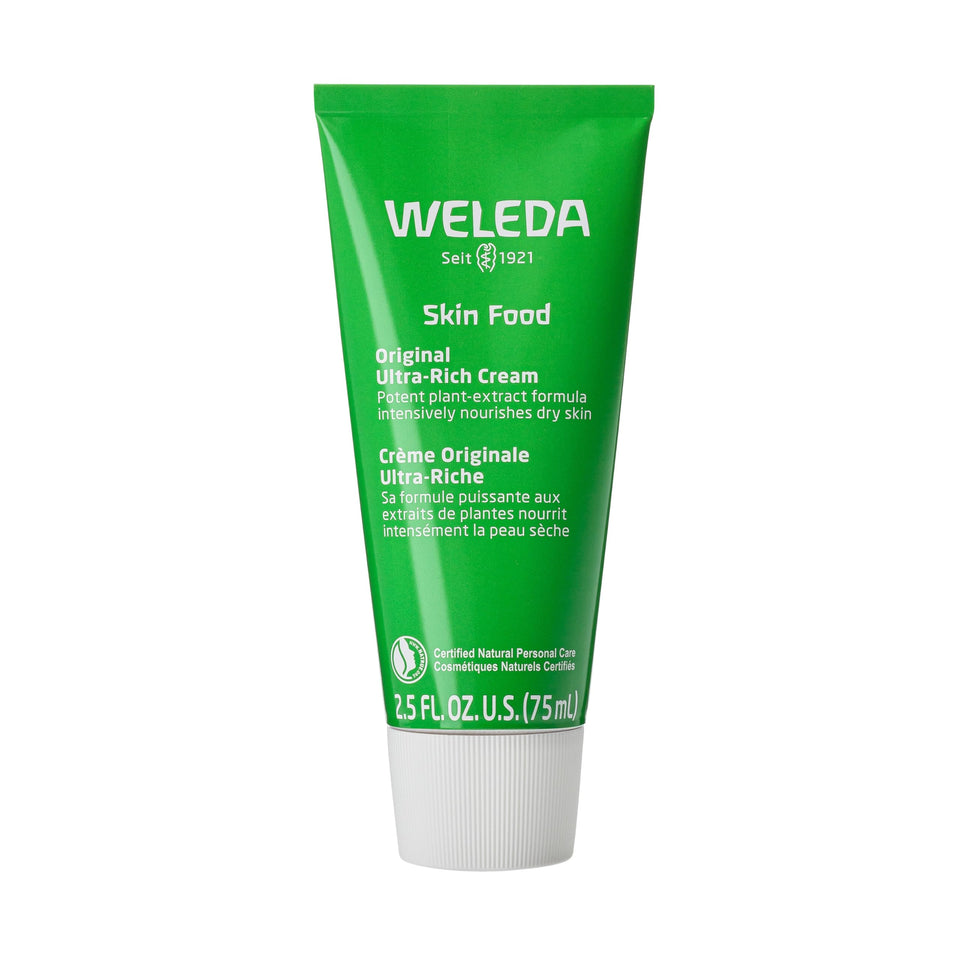 Weleda Skin Food front tub showing packaging and compact size benefit