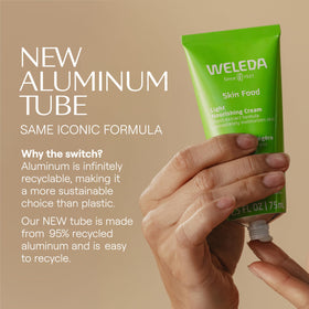 Hand holding Weleda Skin Food Light tube to show 2.5 fl oz scale and portability benefit